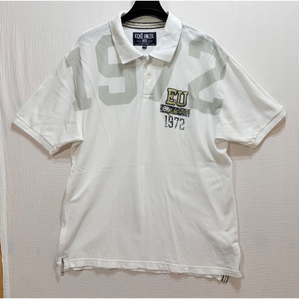 ECKO‎ UNLTD Mens White Short Sleeve Polo Shirt 1972 Graphic Print XXL Y2K Casual